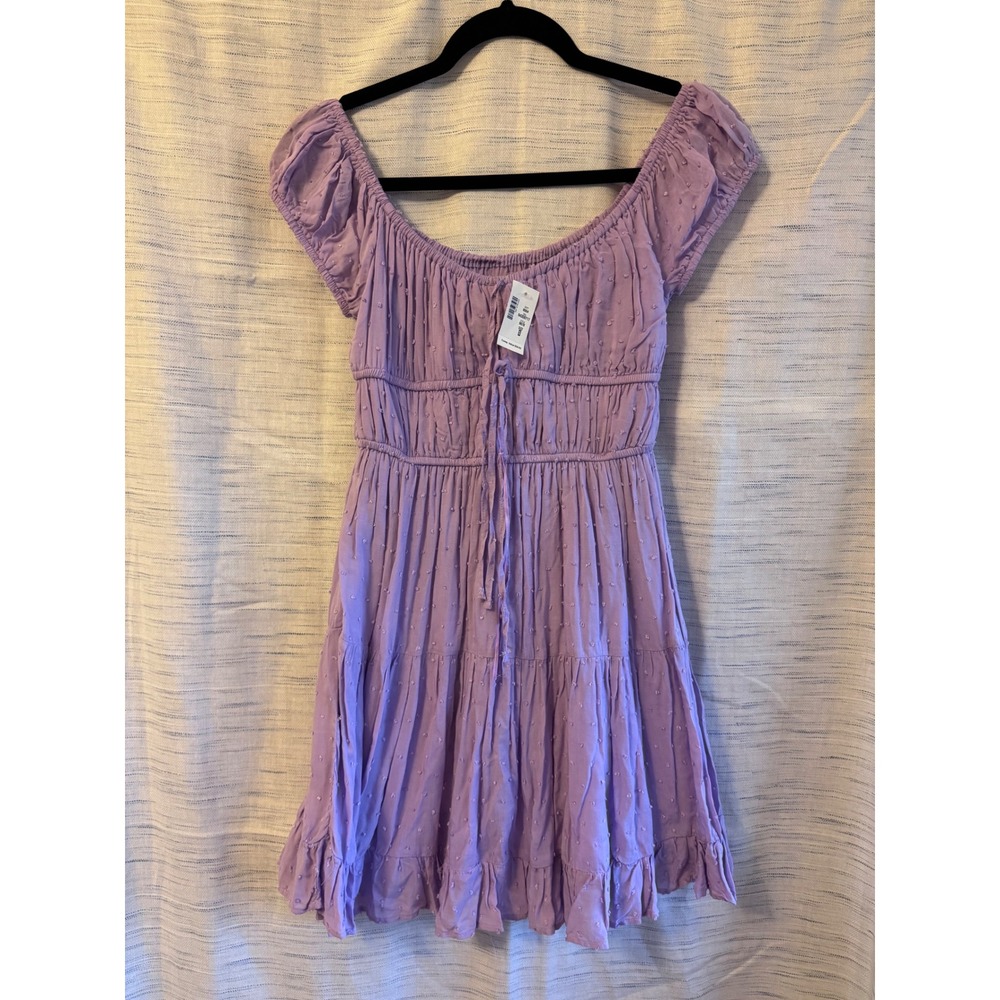 Aeropostale Purple Swiss Dot Milkmaid Mini Dress Smocked Tiered Boho Small NWT